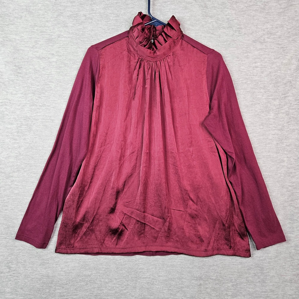 Banana Republic Womens Burgundy Ruffle Mock Neck Satin Mixed Media Top M NEW
